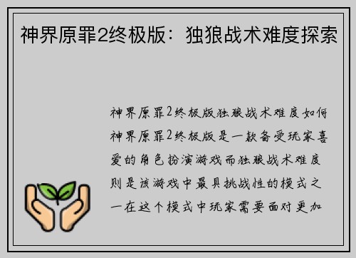 神界原罪2终极版：独狼战术难度探索