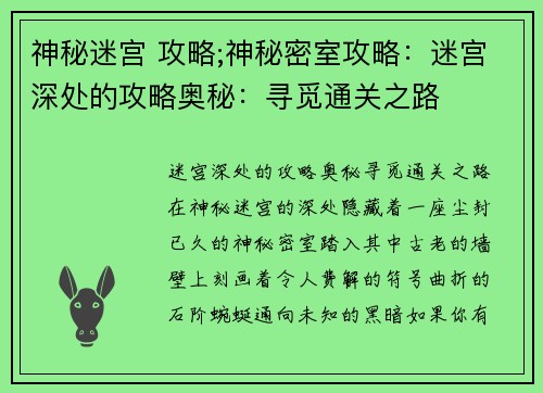 神秘迷宫 攻略;神秘密室攻略：迷宫深处的攻略奥秘：寻觅通关之路